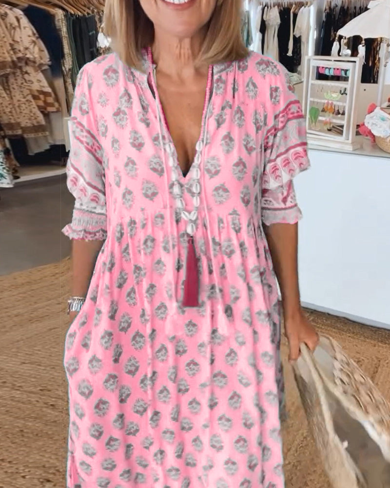Casual jurk met V-hals en halve mouwen met print
