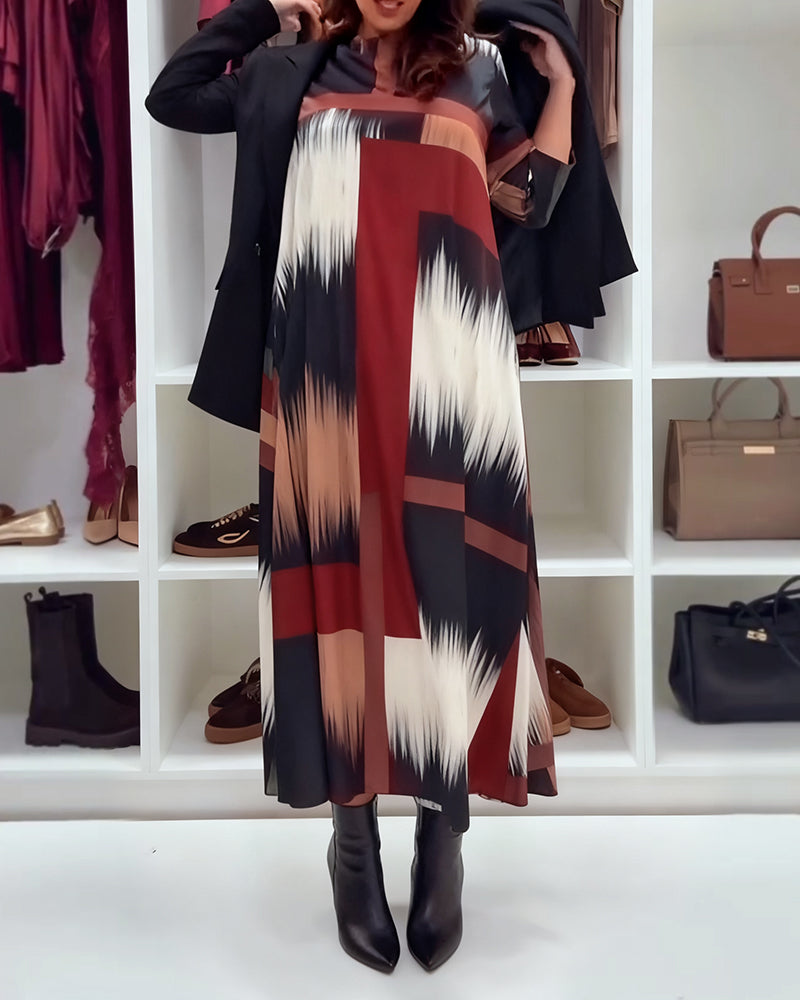 Modieuze Gedrukte Jurk Met Ronde Hals En Lange Mouwen