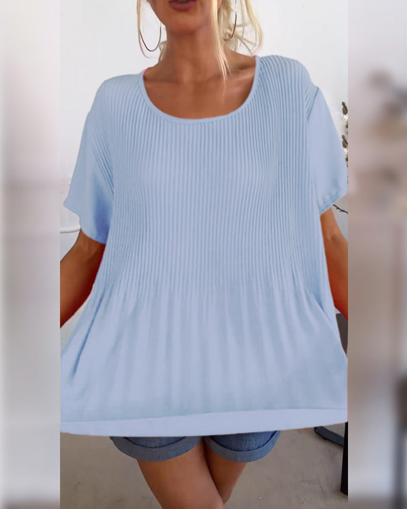 Effen gekleurde geplooide blouse met ronde hals