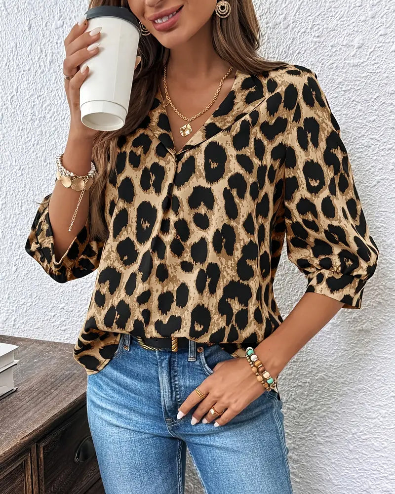 Blouse Halflange Mouwen Luipaardprint Wijd