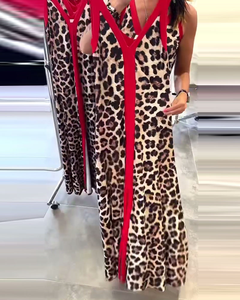 Jurk Mouwloos Elegant Luipaardprint Contrast