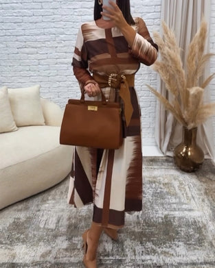 Retro contrasterende kleur jurk met ronde hals en lange mouw