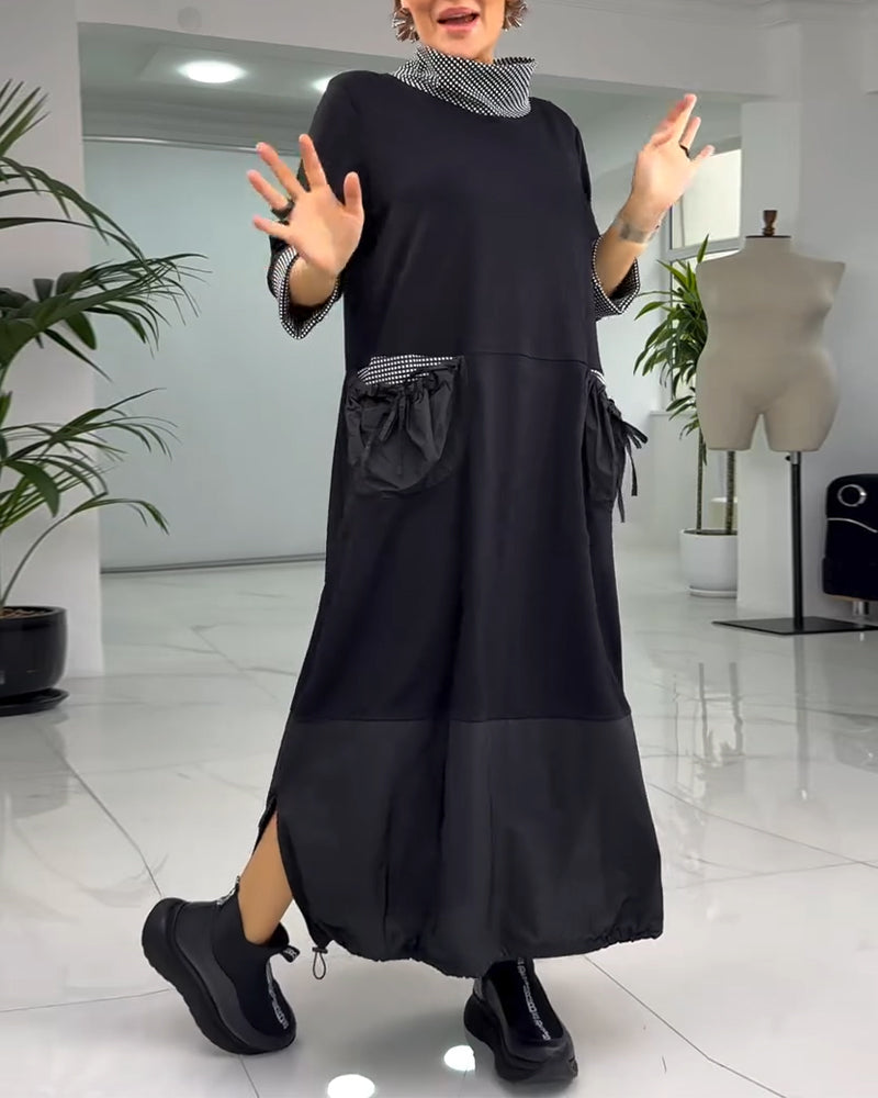 Casual geruite patchwork jurk met hoge kraag en zak