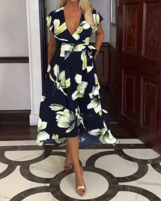 Jurk V-Hals Bloemenprint Taille Kort Mouw