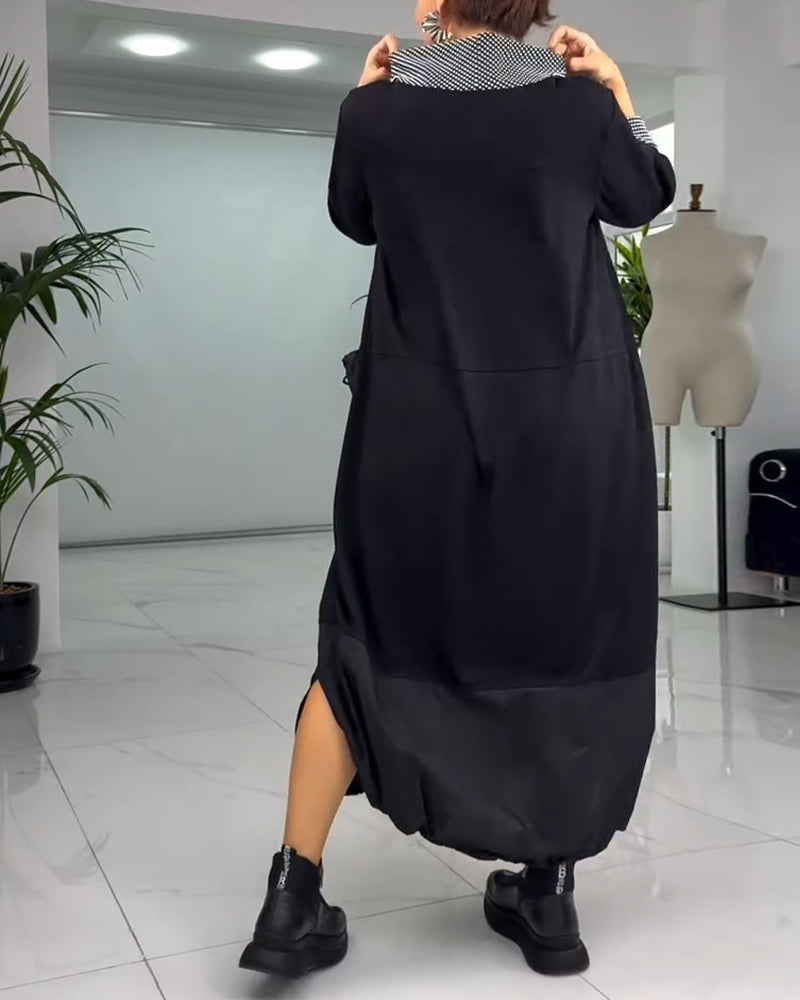 Casual geruite patchwork jurk met hoge kraag en zak