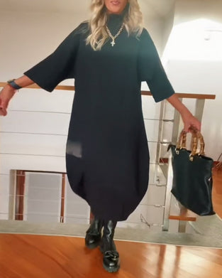 Effen kleur losse hoge kraag casual jurk