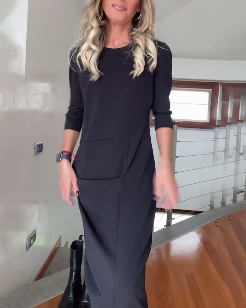 Ronde hals geplooide effen elegante jurk