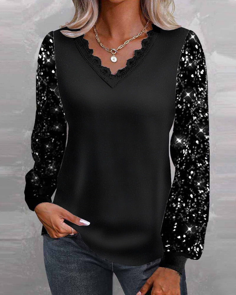 Casual effen top met pailletten en V-hals