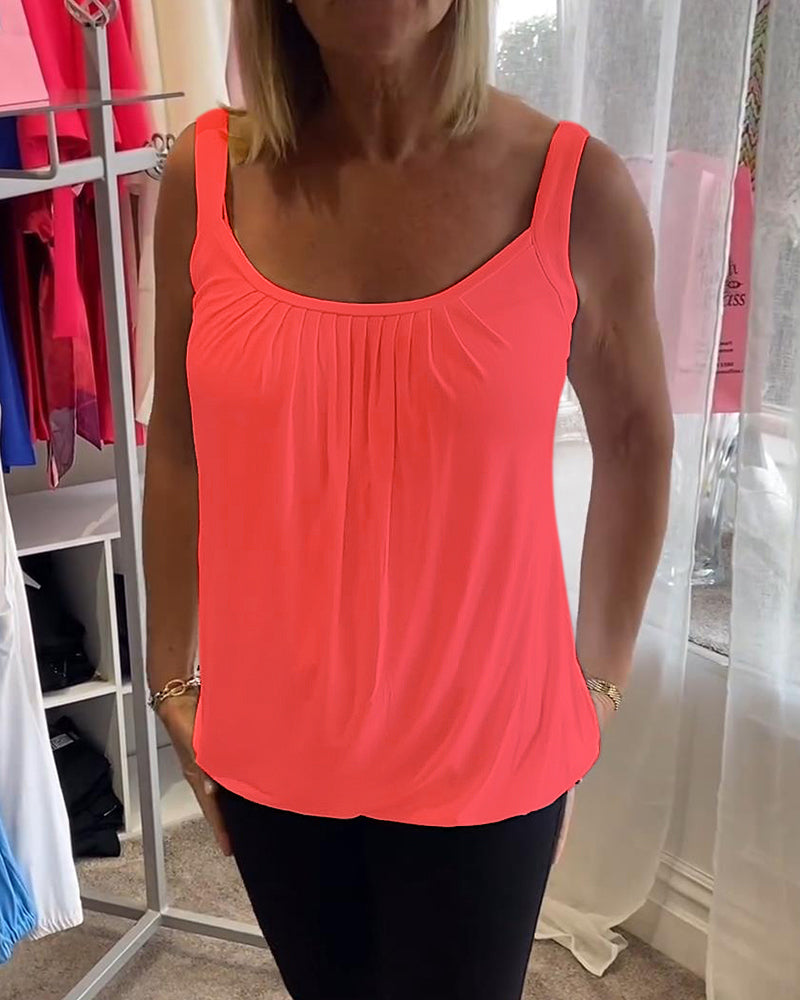 Casual mouwloze top met plooi en effen kleur