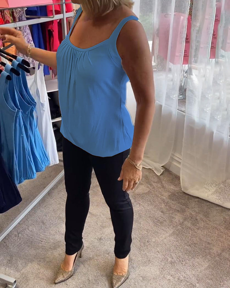 Casual mouwloze top met plooi en effen kleur