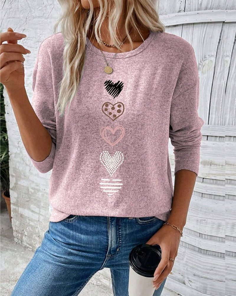Top Lange Mouw Ronde Hals Liefdeshart Print