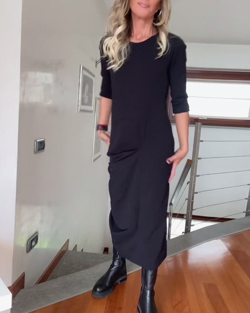 Ronde hals geplooide effen elegante jurk