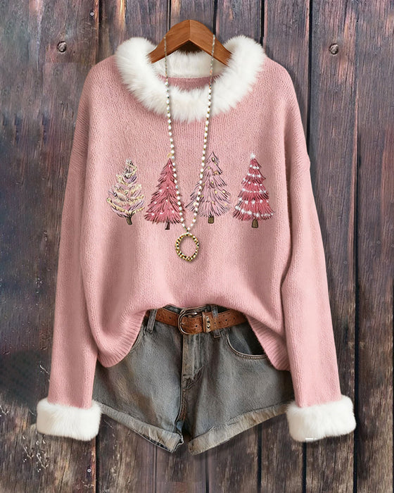 Trui Met Pluche Textuur, Ronde Kraag Ontwerp En Kerstboompatroon