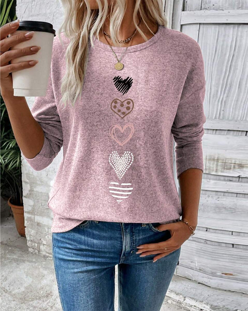 Top Lange Mouw Ronde Hals Liefdeshart Print