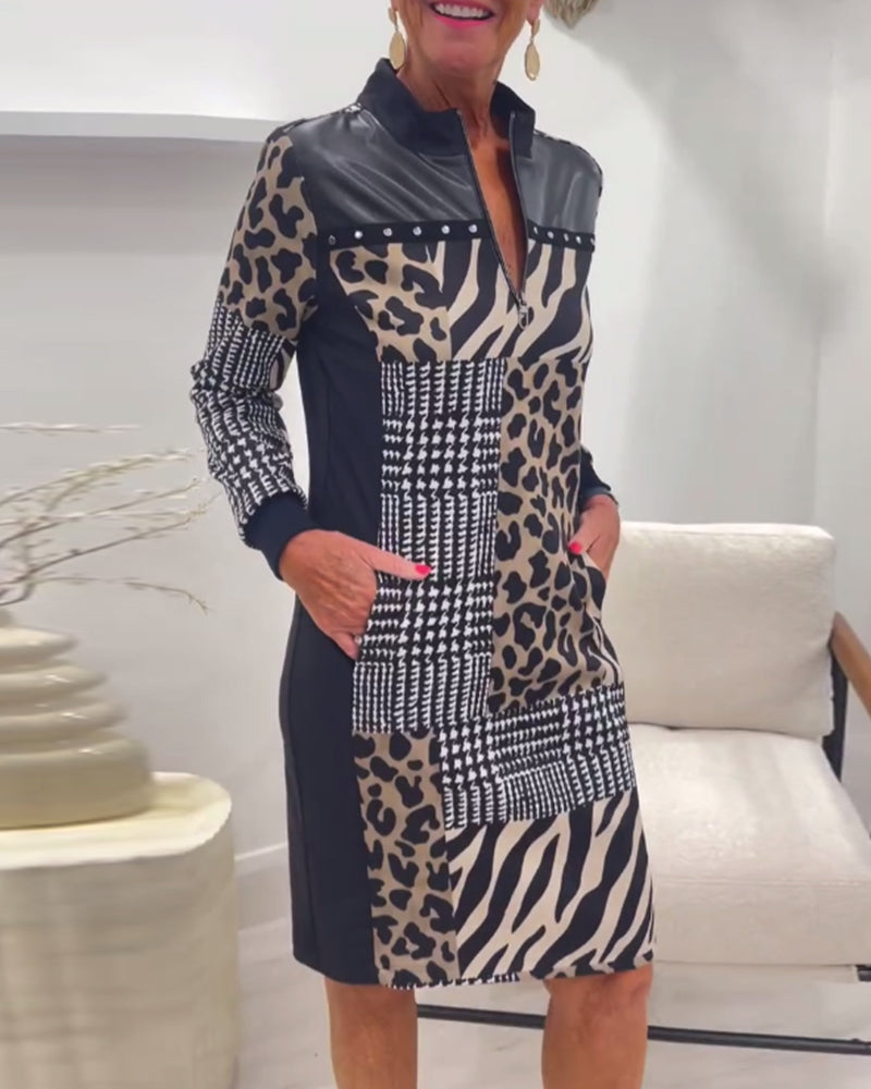 Stijlvolle luipaardprint jurk met patchwork rits en zak