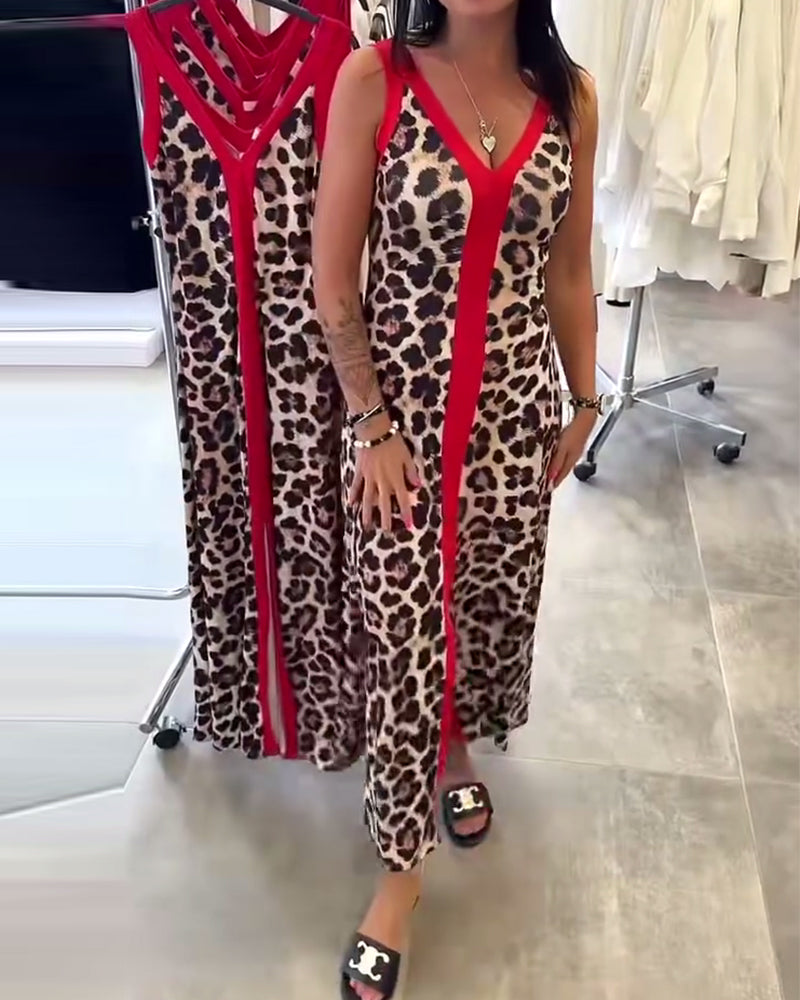 Jurk Mouwloos Elegant Luipaardprint Contrast