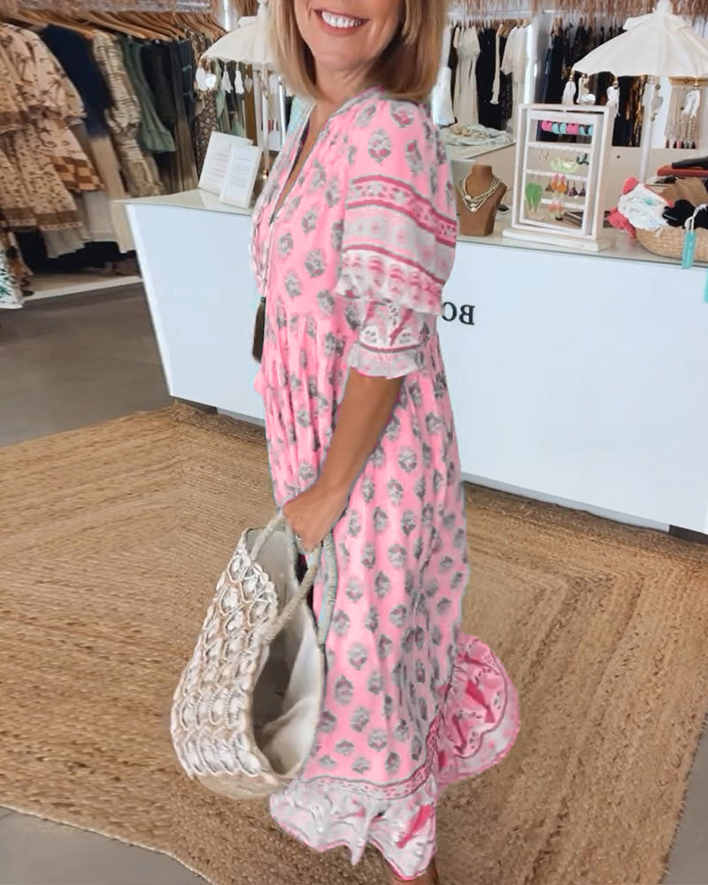 Casual jurk met V-hals en halve mouwen met print