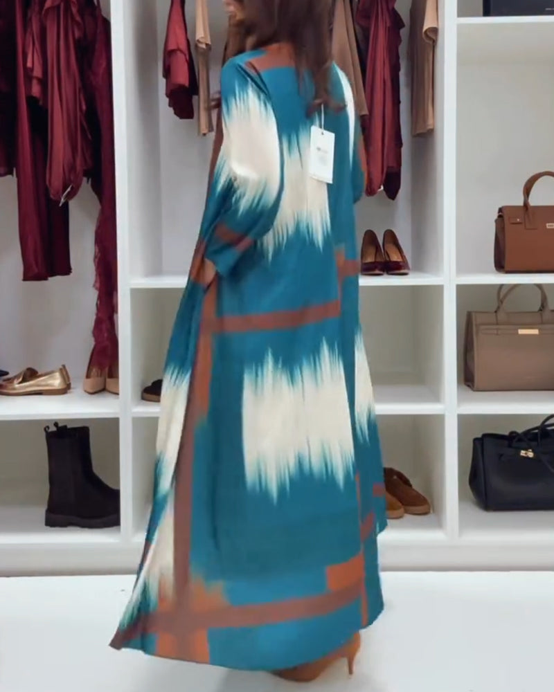 Modieuze Gedrukte Jurk Met Ronde Hals En Lange Mouwen