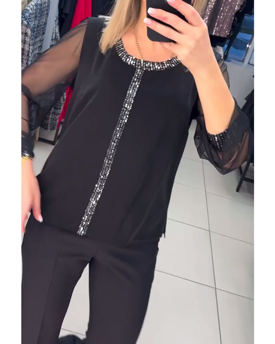 Blouse Met Paillettenpaneel En Lange Mouwen