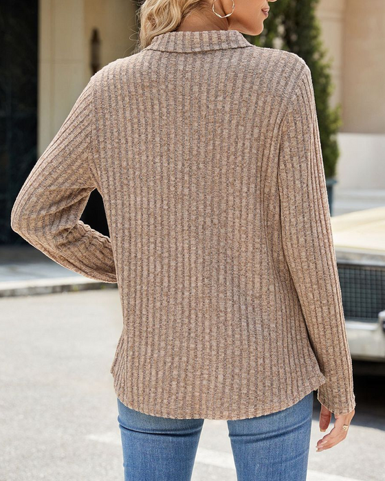 Casual effen kleur top met revers zak en lange mouw