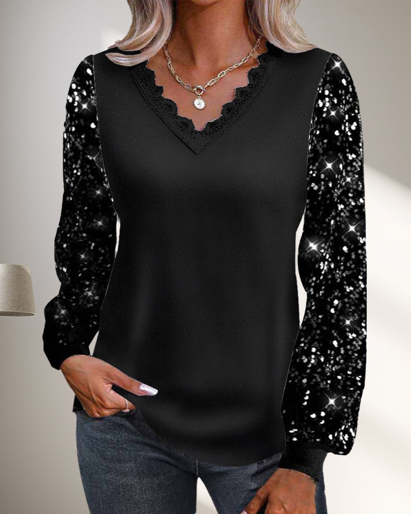Casual effen top met pailletten en V-hals