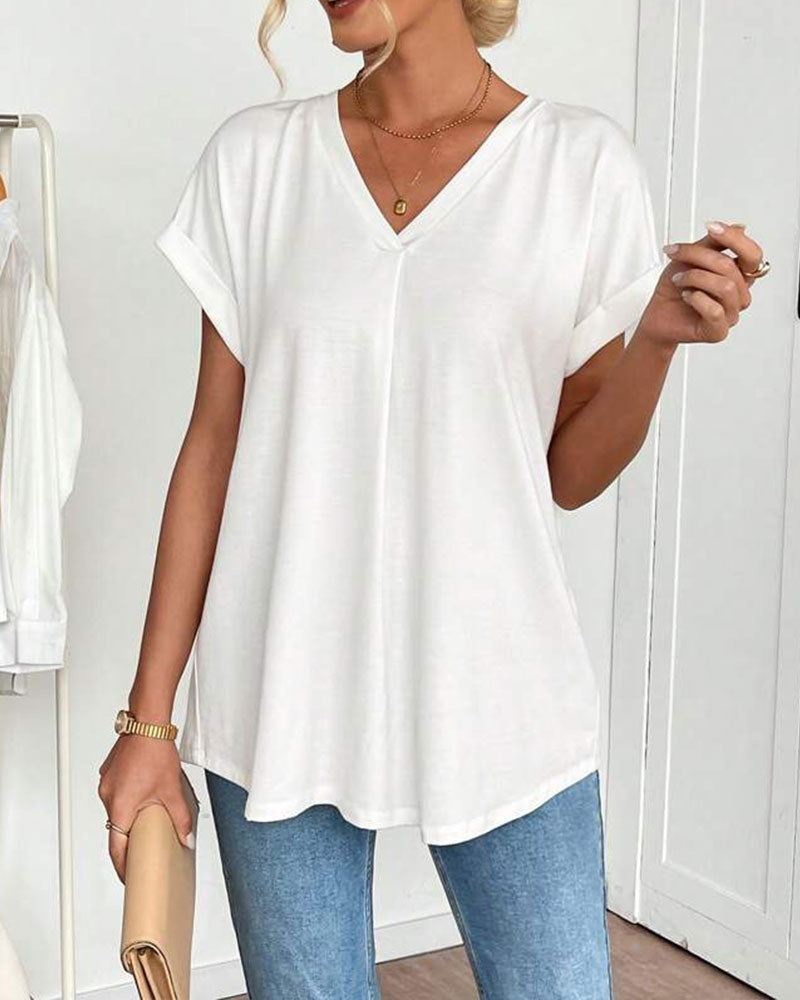 T-Shirt Met Korte Mouwen Effen Kleur Patchwork