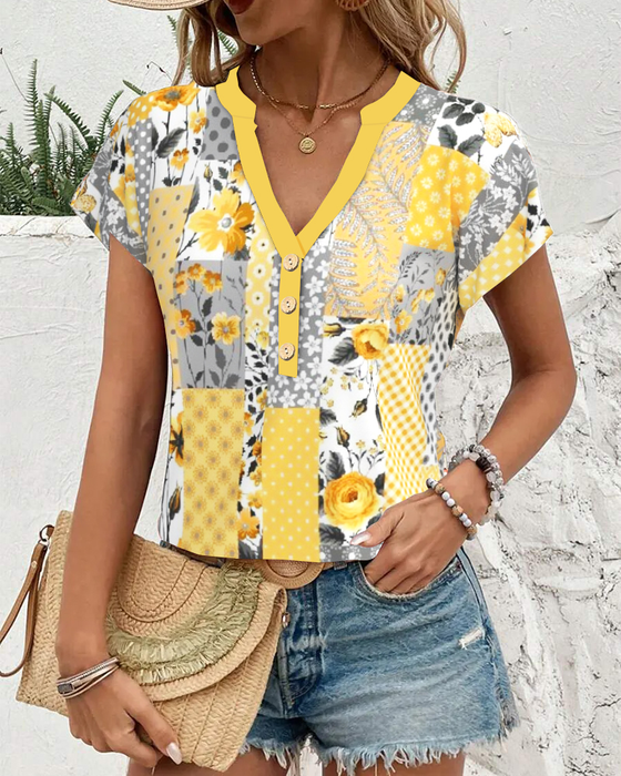 Blouse V-Hals Korte Mouwen Bloemenprint