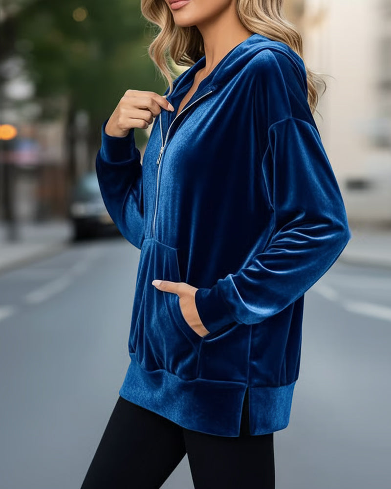 Hoodie Met Half-Rits Detail, Fluwelen Stof En Kap Design