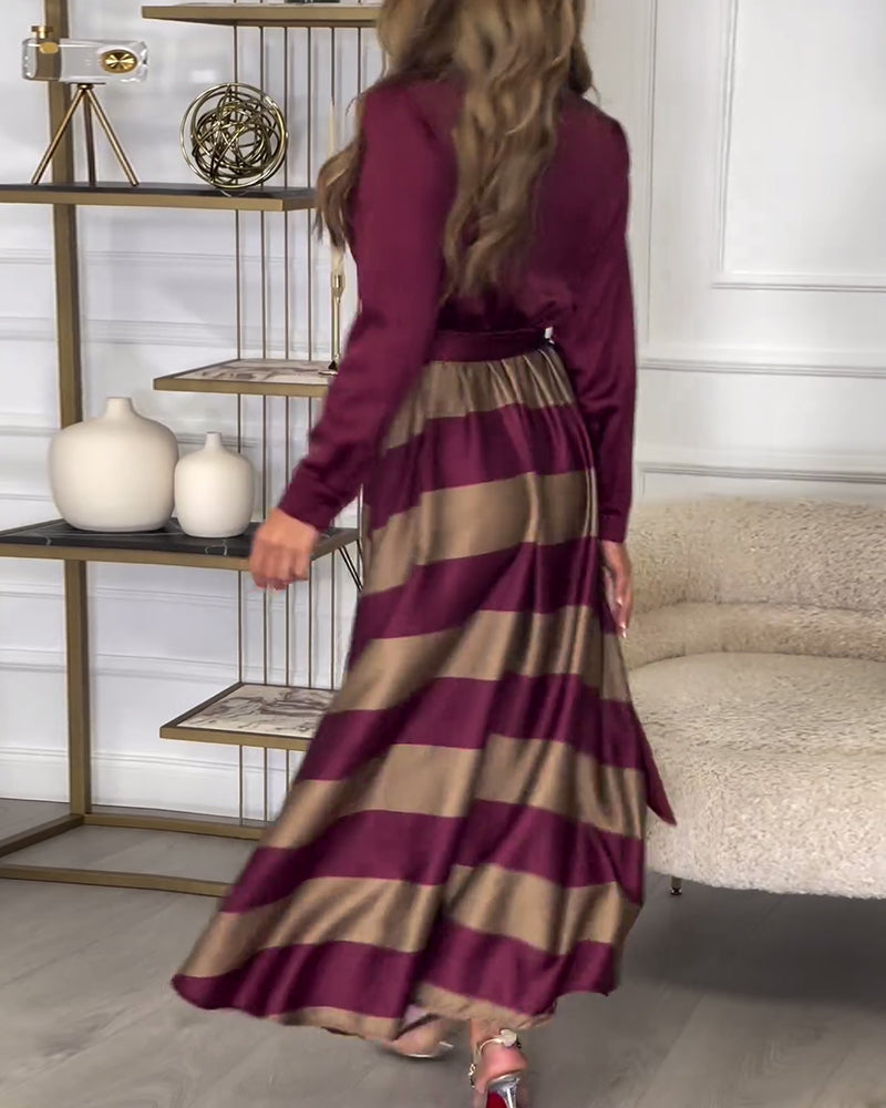 Elegante gestreepte bedrukte jurk met revers en band