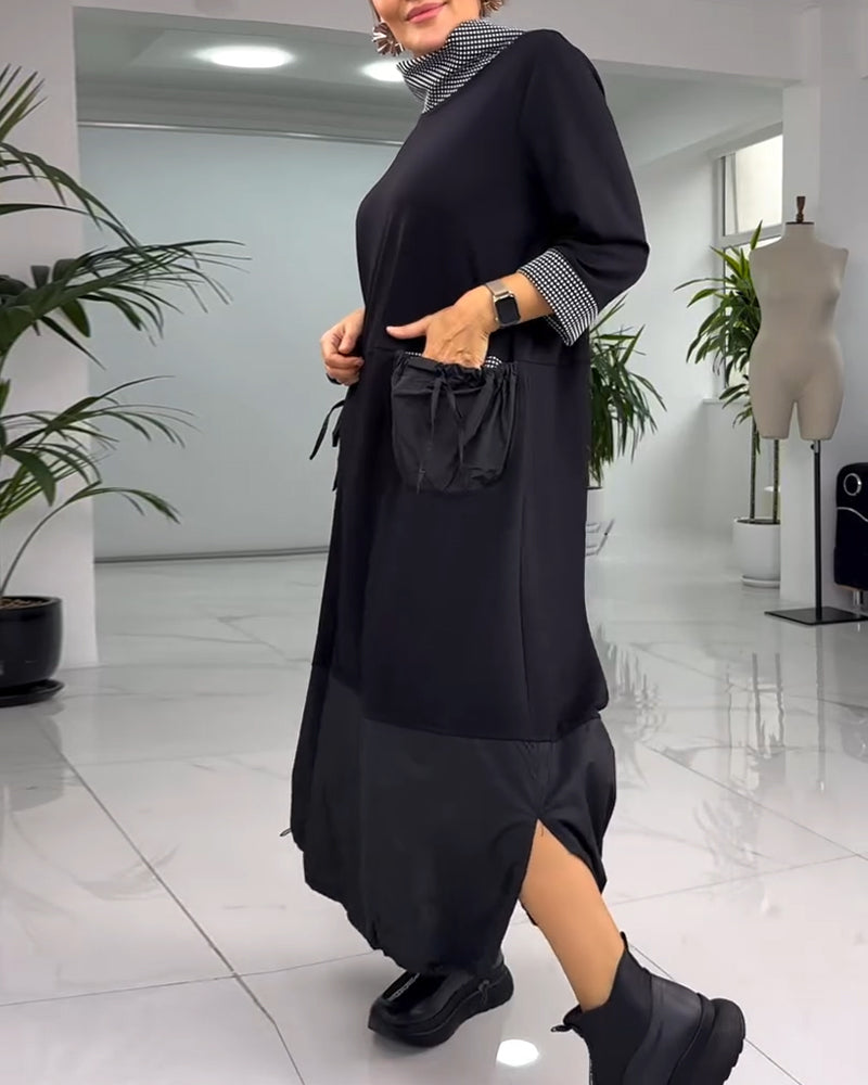 Casual geruite patchwork jurk met hoge kraag en zak