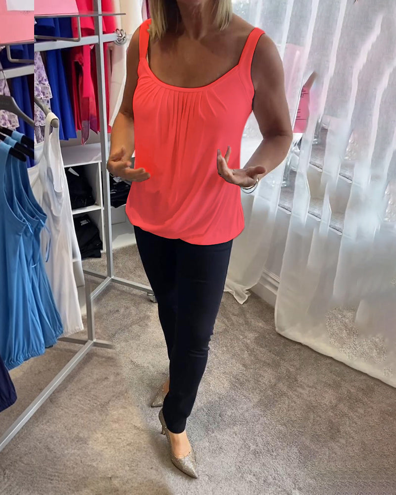 Casual mouwloze top met plooi en effen kleur