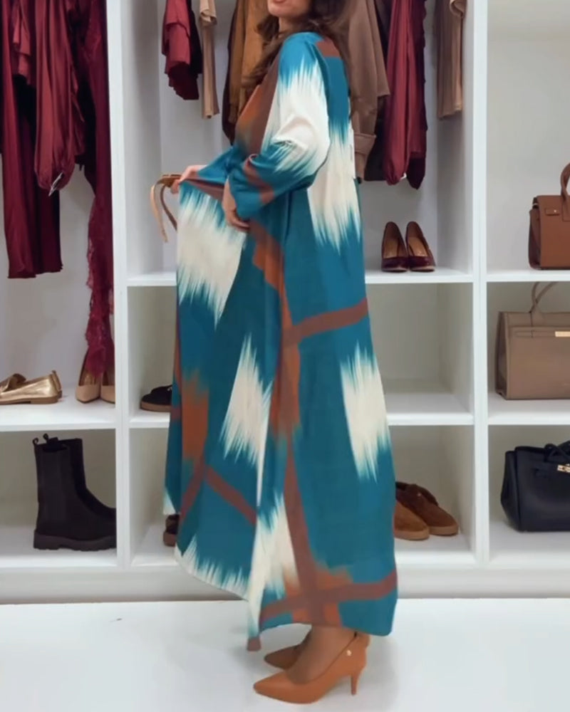 Modieuze Gedrukte Jurk Met Ronde Hals En Lange Mouwen