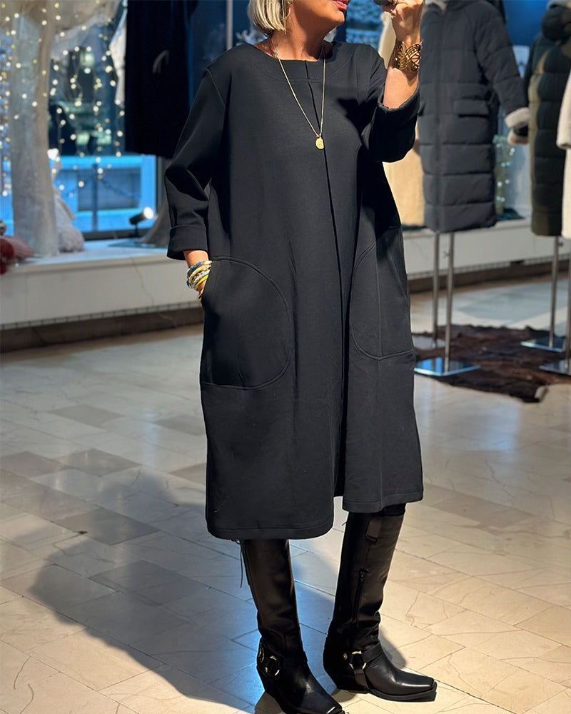 Casual effen kleur losse jurk met ronde hals en zak