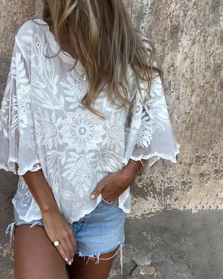 Blouse Vlindermouw Ronde Hals Geborduurd