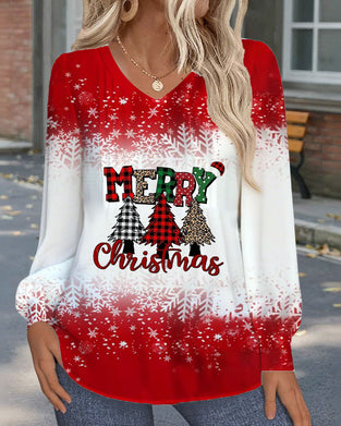 Top V-Hals Kerstboomprint Lange Mouwen