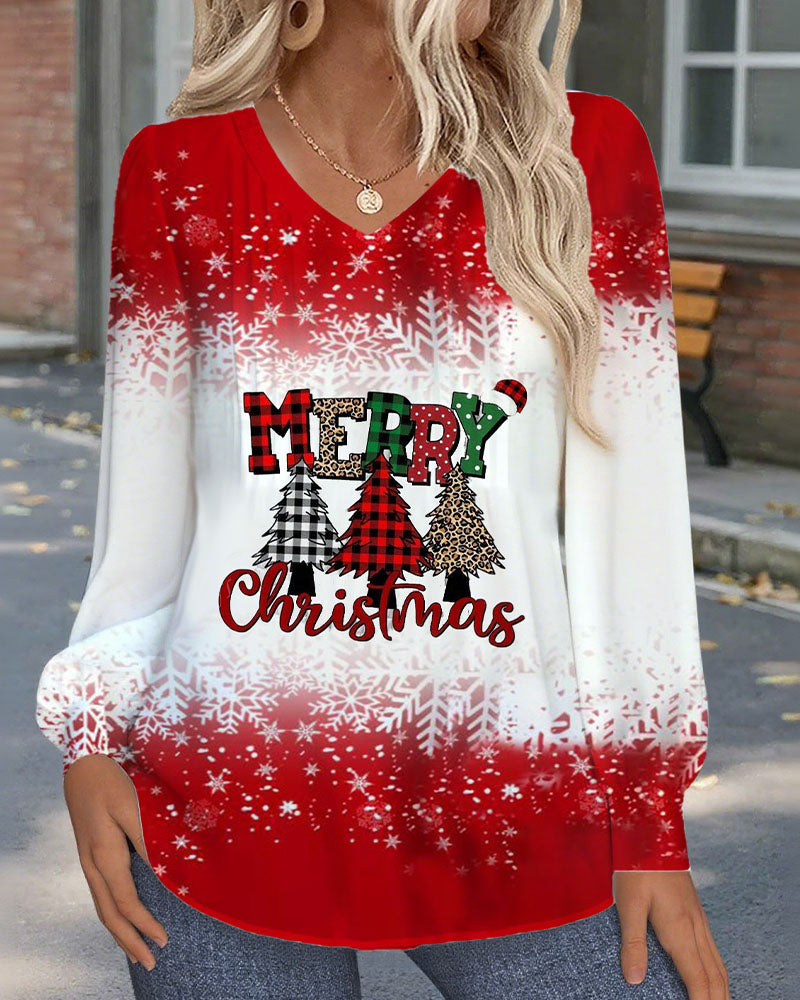 Top V-Hals Kerstboomprint Lange Mouwen