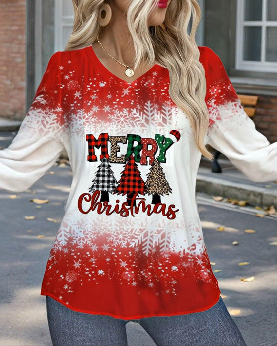 Top V-Hals Kerstboomprint Lange Mouwen