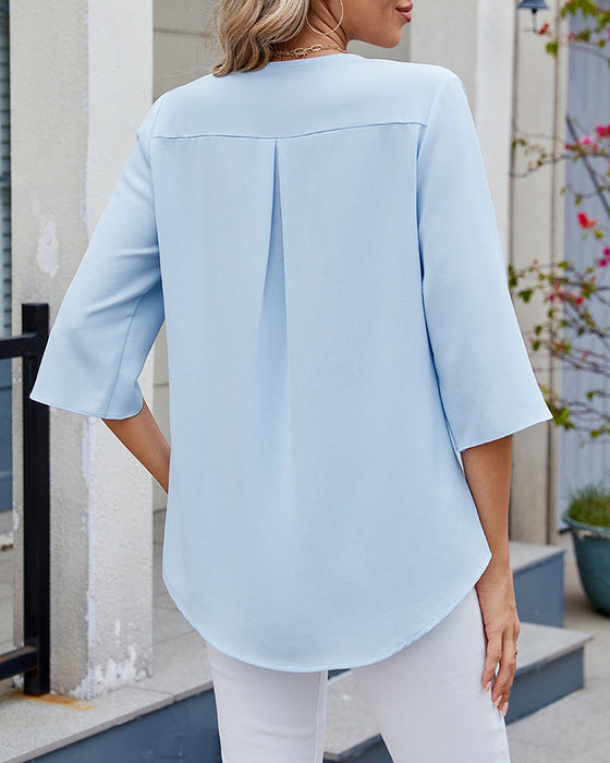 Blouse Halve Mouwen Ruches Effen Kleur Casual