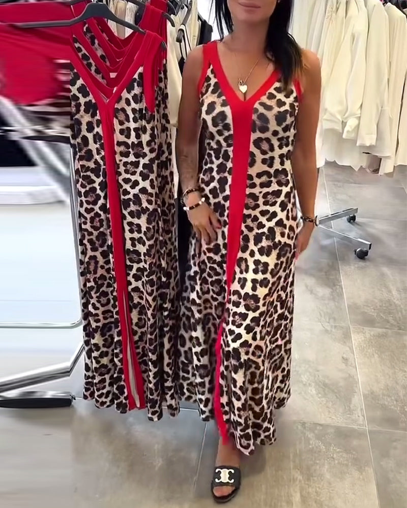 Jurk Mouwloos Elegant Luipaardprint Contrast