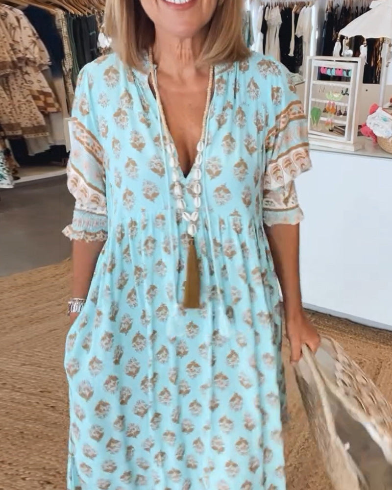 Casual jurk met V-hals en halve mouwen met print