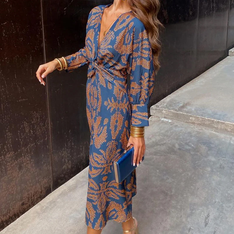 Elegante jurk met vintage print, V-hals en lange mouwen