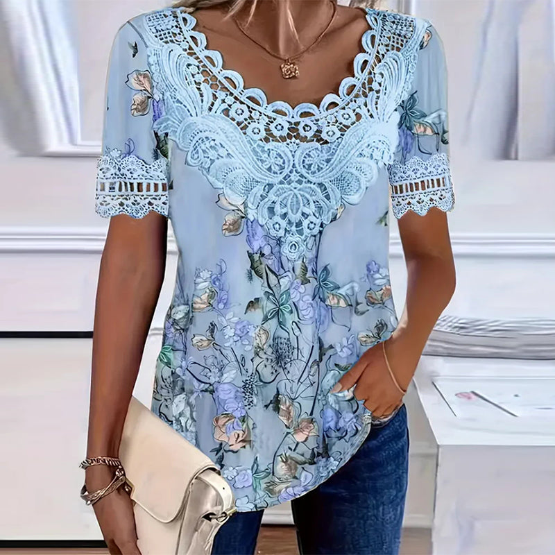 T-Shirt Bloemenprint Modieus Korte Mouw