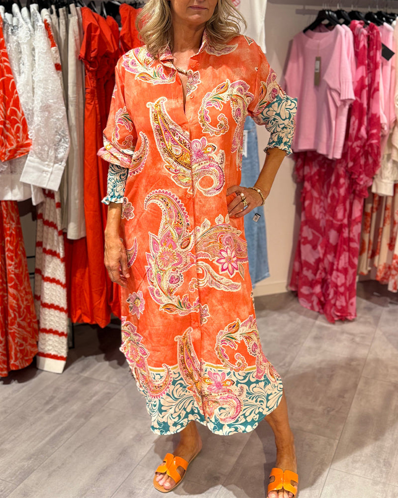 Jurk Staande Kraag Lange Mouw Cashew Print