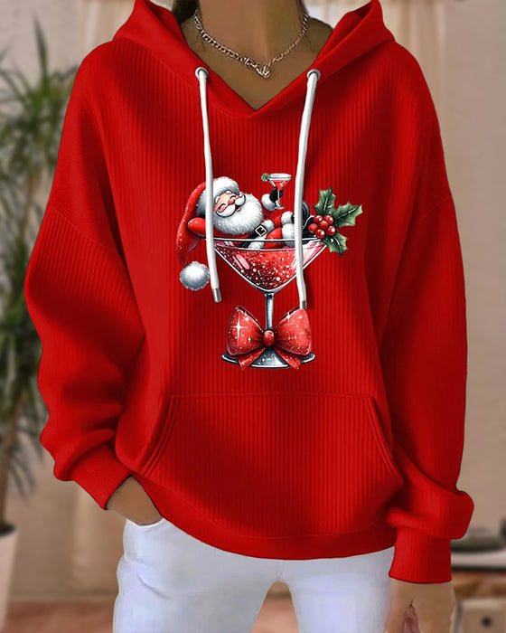 Hoodie Met Kerstman En Wijnglas Print, Kap Design