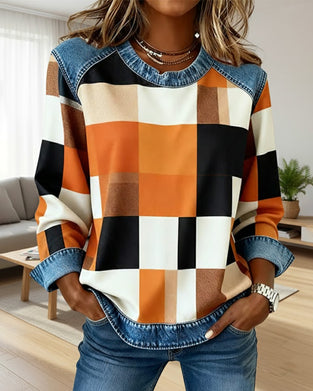 Sweatshirt Met Geruit Patchwork En Contrastkleur