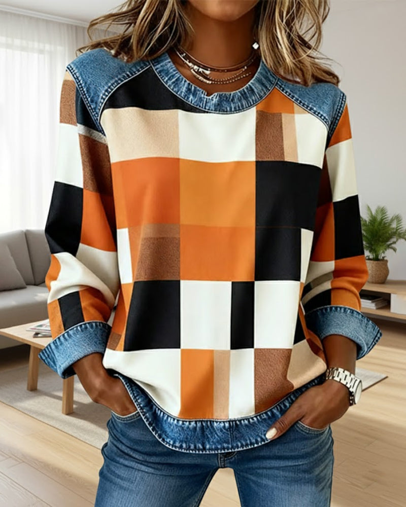 Sweatshirt Met Geruit Patchwork En Contrastkleur