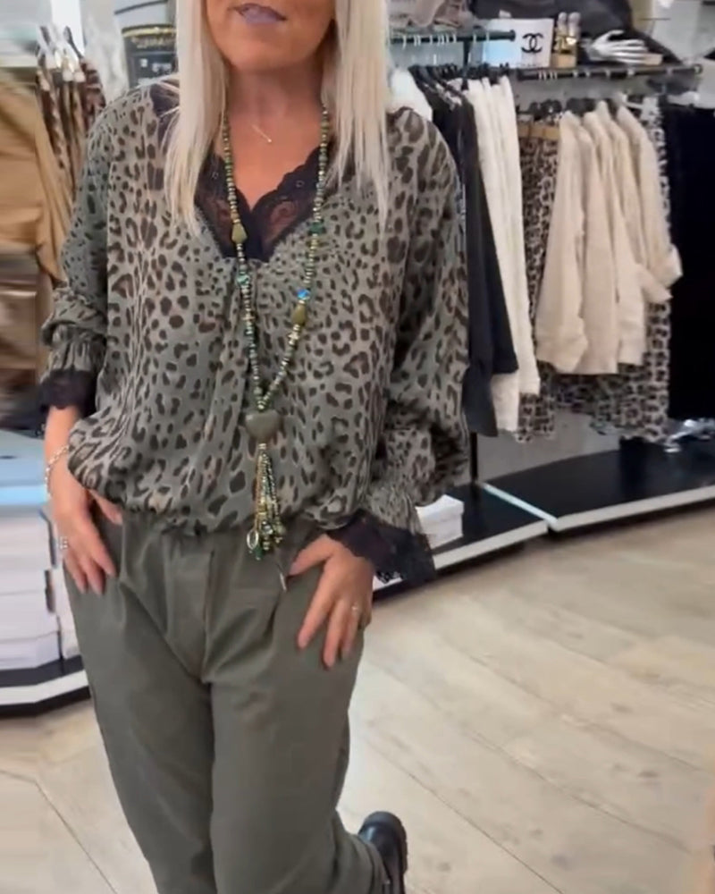 Mode luipaard print blouse met V-hals en kant patchwork