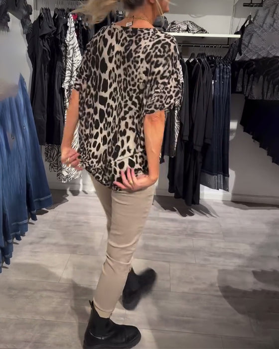 Blouse Ronde Hals Luipaardprint Korte Mouwen