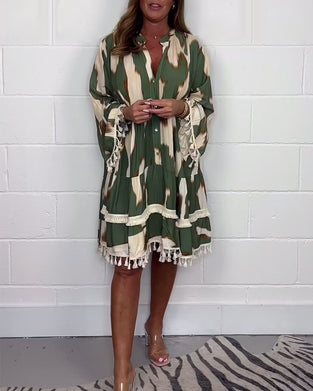 Casual jurkje met vintage print en franje