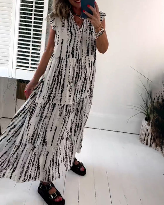 Fly Mouw Gedrukt V-Hals Jurk